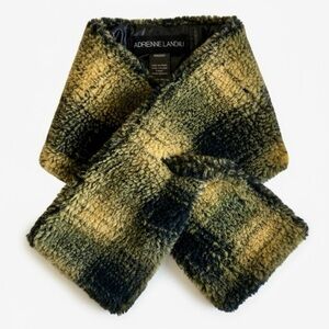 NWT Adrienne Landau Yellow Black Plaid Faux Fur Cozy Pull Thru Winter Scarf O/S